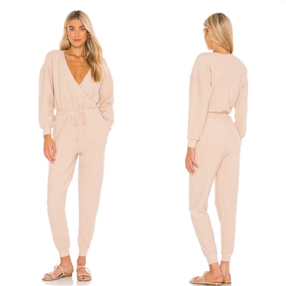 L*Space x Revolve Coastin Ribbed Deep V-Neck Jumpsuit Sandstone Size Small